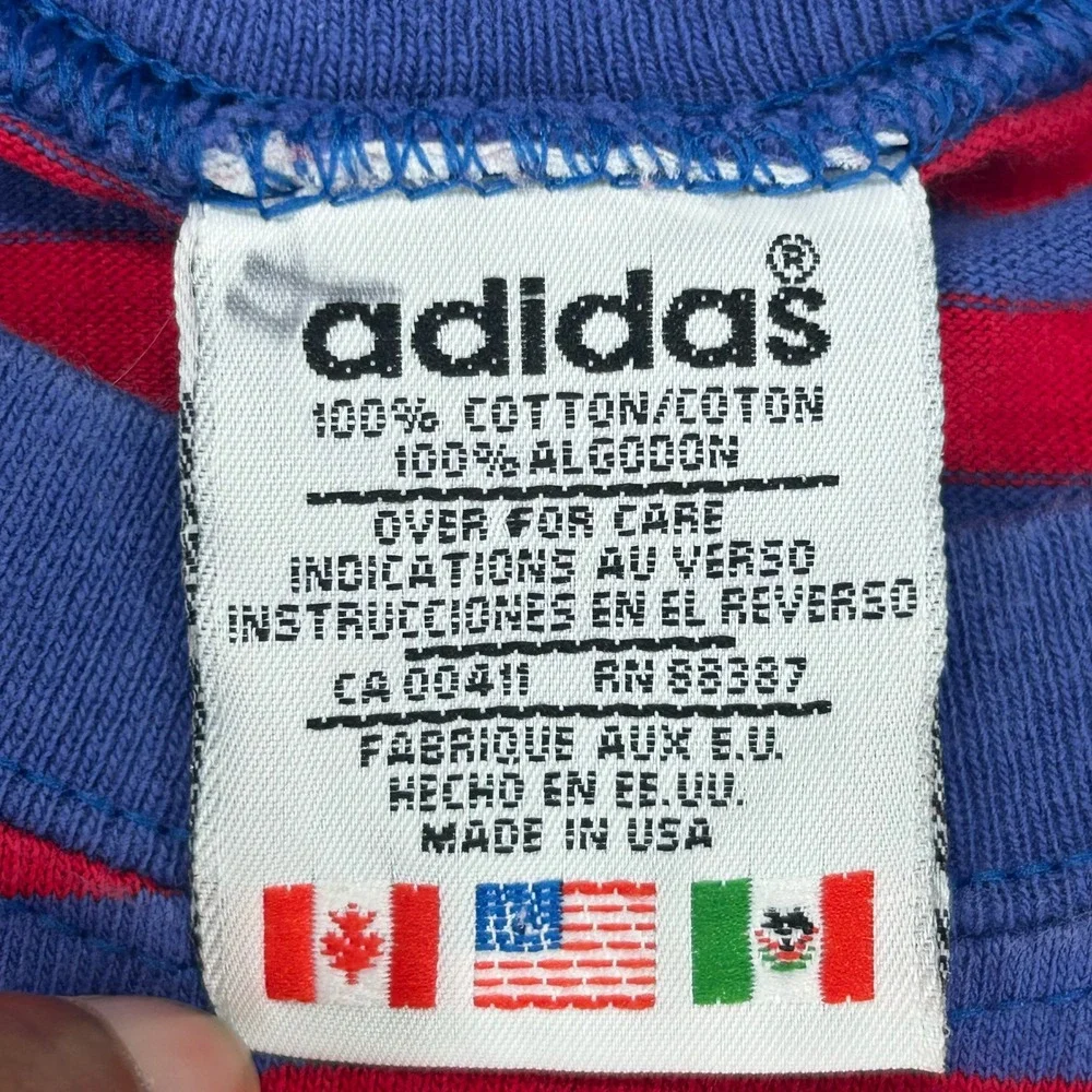 VTG Adidas Mens T Shirt Large Red Blue Striped Preowned Made In USA Short Sleeve